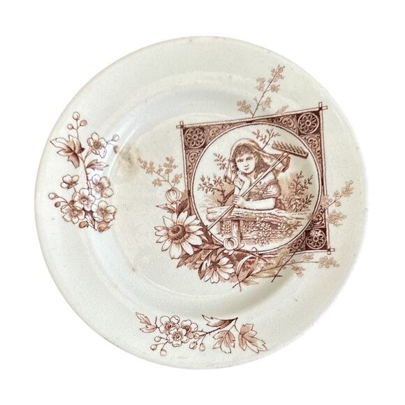 Rare Vintage British Aesthetic Brown Transfer Ware Girl with Rake 8.5” Plate - Picture 1 of 10